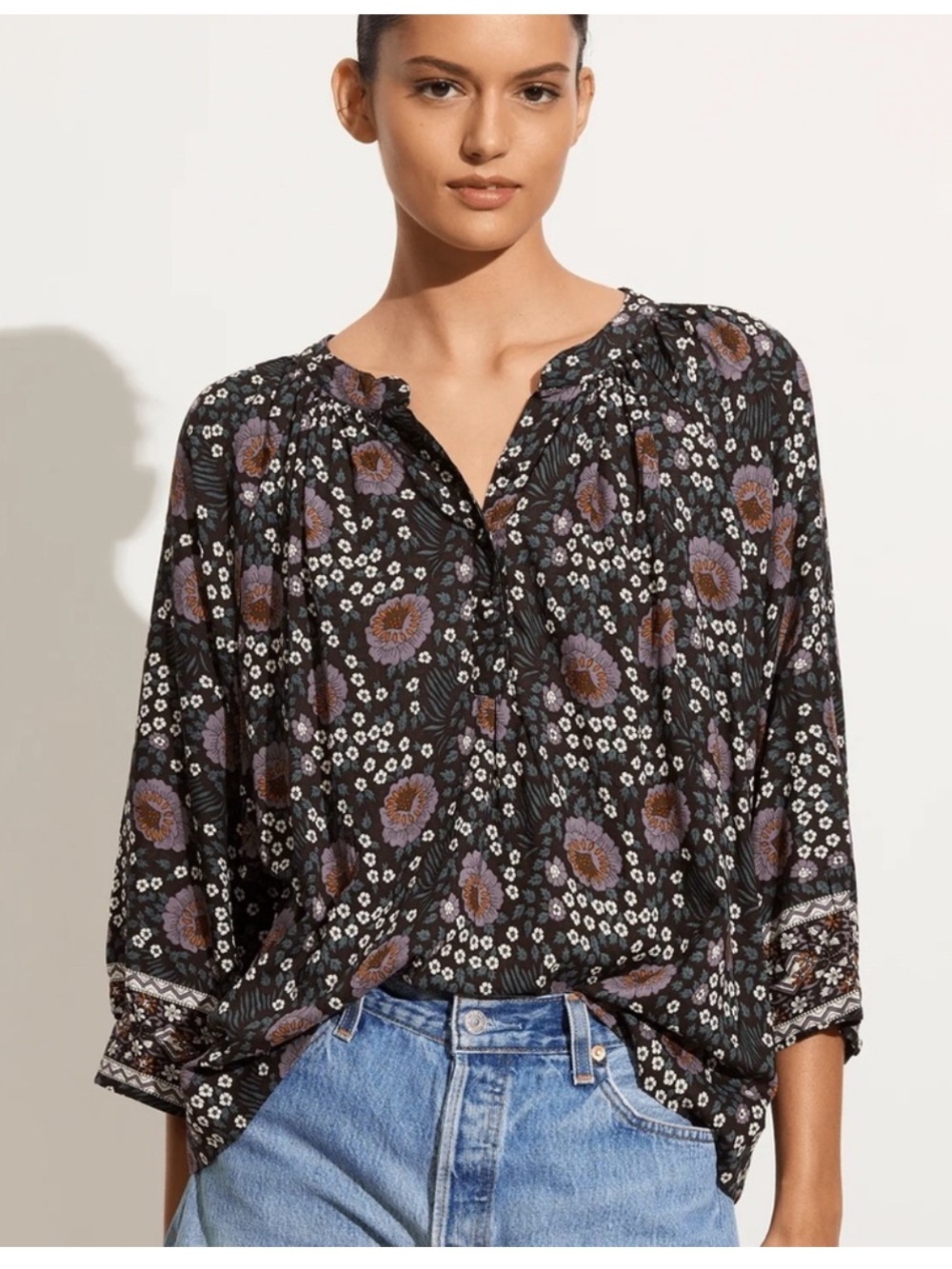 Natalie Martin Remy Top in Vintage Flowers Black Purple EUC